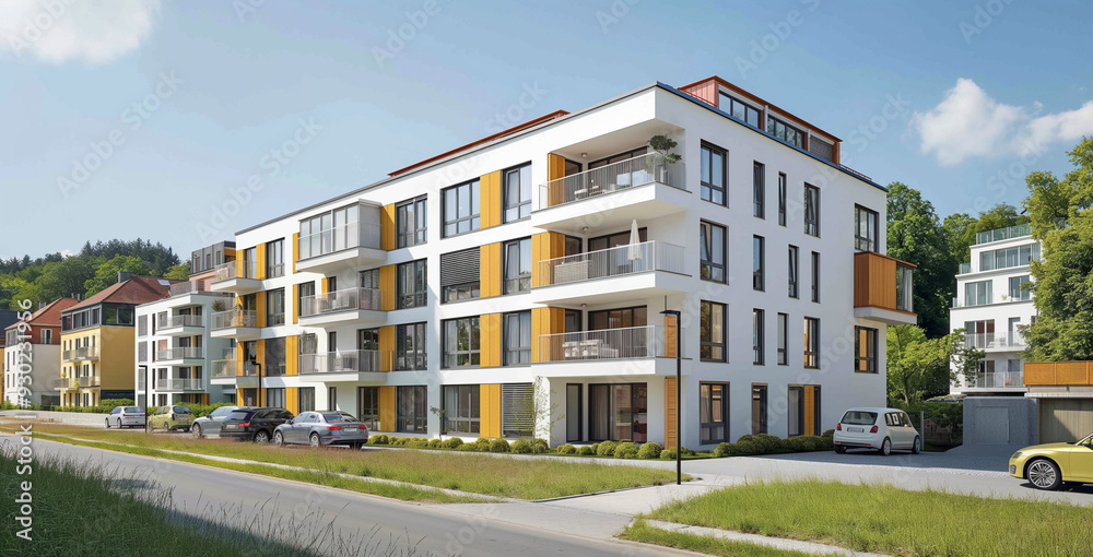 Obraz premium apartment building in the city of munich, Germany with two rows of three windows on each floor and one wall that is painted beige with yellow accents