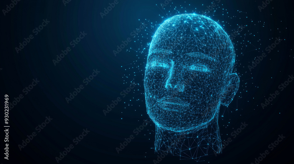 An artificial intelligence in humanoid head vector in wireframe low poly style. AI with Digital Brain, big data, analysis information. Face of cyber mind. Modern technology background concept An artificial intelligence in humanoid head vector in wireframe low poly style. AI with Digital Brain, big data, analysis information. Face of cyber mind. Modern technology background concept