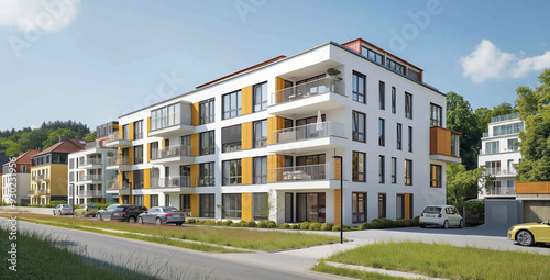 apartment building in the city of munich, Germany with two rows of three windows on each floor and one wall that is painted beige with yellow accents