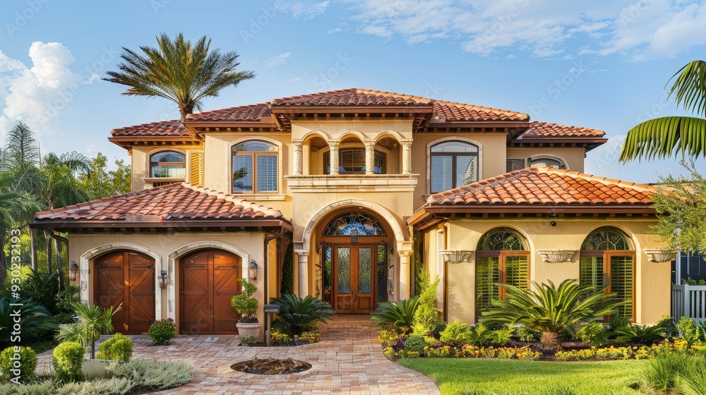 Generate a photo of a Mediterranean villa exterior with terracotta roofs, arched doorways, and vibrant landscaping, highlighting warm and inviting aesthetics. Generate a photo of a Mediterranean villa exterior with terracotta roofs, arched doorways, and vibrant landscaping, highlighting warm and inviting aesthetics.