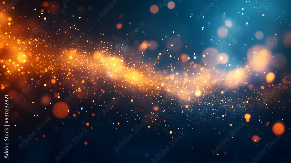 Glowing sparks and embers against deep blue background, intense golden light trail, flying sparks, fiery particles, abstract energy flow, copy space for text, panoramic view. Glowing sparks and embers against deep blue background, intense golden light trail, flying sparks, fiery particles, abstract energy flow, copy space for text, panoramic view.