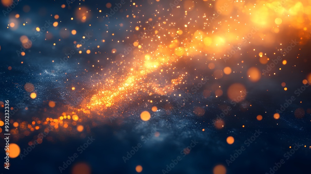 Glowing sparks and embers against deep blue background, intense golden light trail, flying sparks, fiery particles, abstract energy flow, copy space for text, panoramic view. Glowing sparks and embers against deep blue background, intense golden light trail, flying sparks, fiery particles, abstract energy flow, copy space for text, panoramic view.
