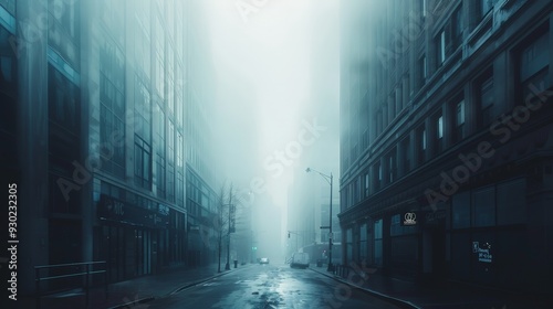 Foggy city road with tall buildings disappearing into the mist Create a mysterious city atmosphere