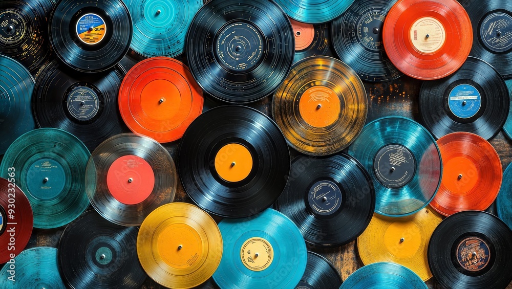 Vinyl Record Collection. Colorful vinyl records stacked together, showcasing various sizes and label colors against a dark background.