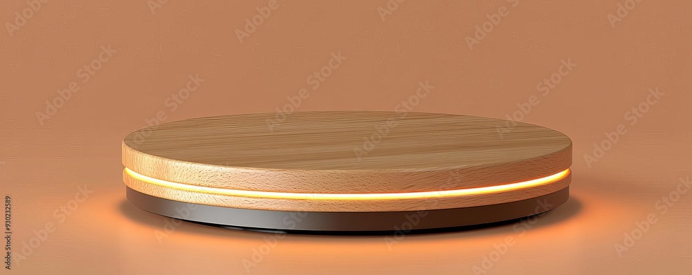 Product display podium, polished wooden finish, spotlight effect, 3D illustration, warm natural tones