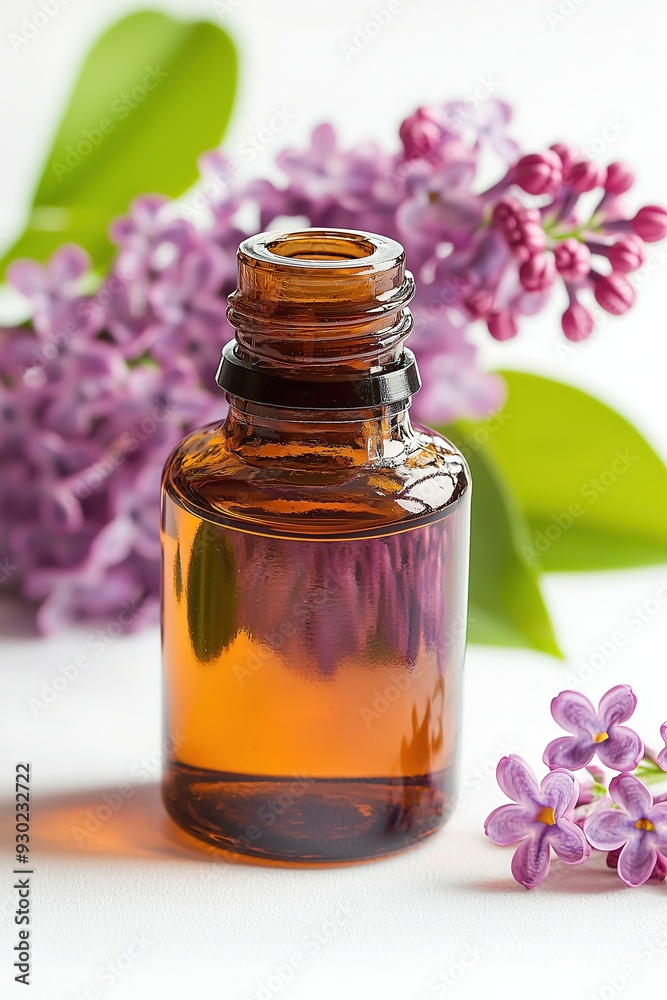 A brown glass essential oil bottle surrounded by lilac flowers and green leaves, creating a natural and calming atmosphere. A brown glass essential oil bottle surrounded by lilac flowers and green leaves, creating a natural and calming atmosphere.