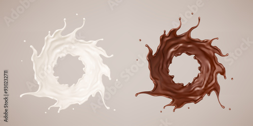 Milk and chocolate splash. Milkshake and melted brown choco. Realistic vector illustration
