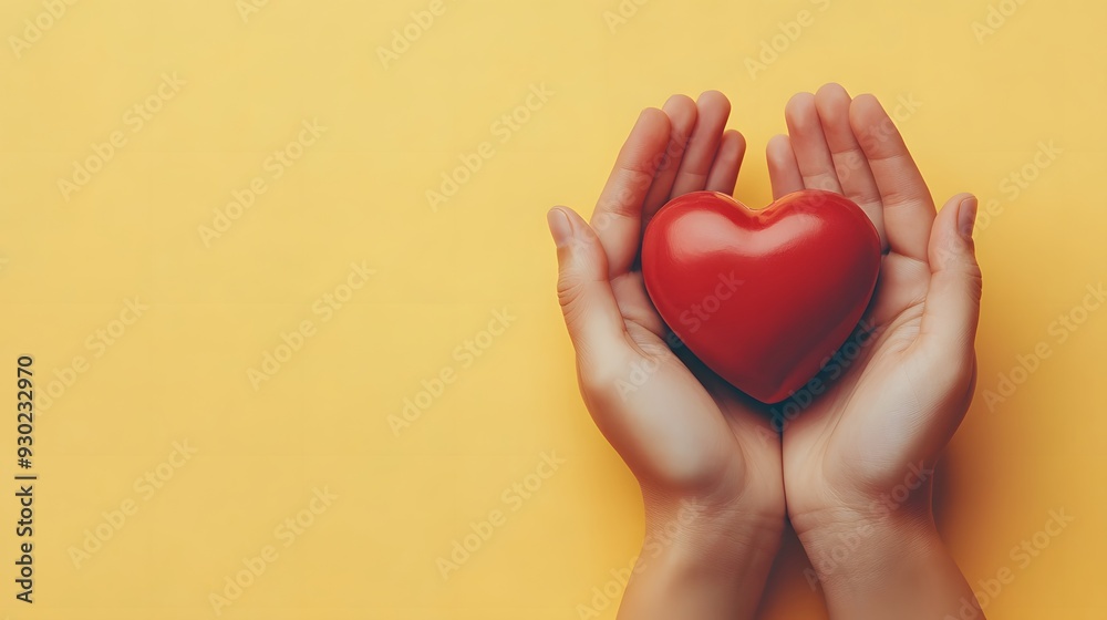 Obraz premium Hands holding red heart, cupped palms, care concept, love symbol, pale yellow background, copy space for text, soft lighting, high resolution, emotional gesture, health and charity theme.