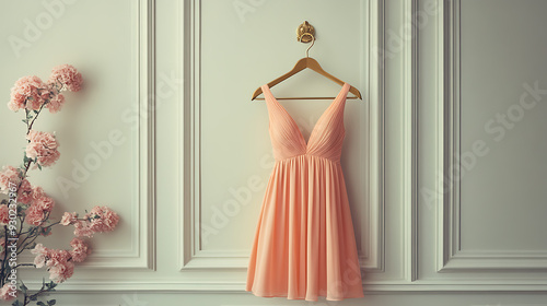 A soft powder pink and a coral pink long flowy dress hanging from a sleek, silver hanger 