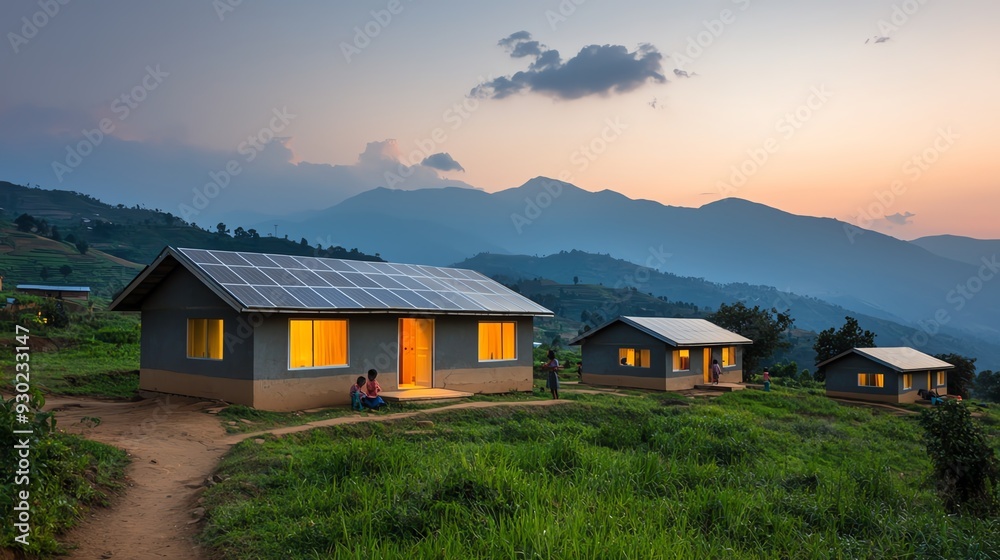 A picturesque sunset view of modern homes with solar panels, surrounded by lush greenery and mountains in the background. A picturesque sunset view of modern homes with solar panels, surrounded by lush greenery and mountains in the background.