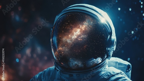 Close-up of an astronauts helmet reflecting a distant galaxy, detailed stars and cosmic dust, space