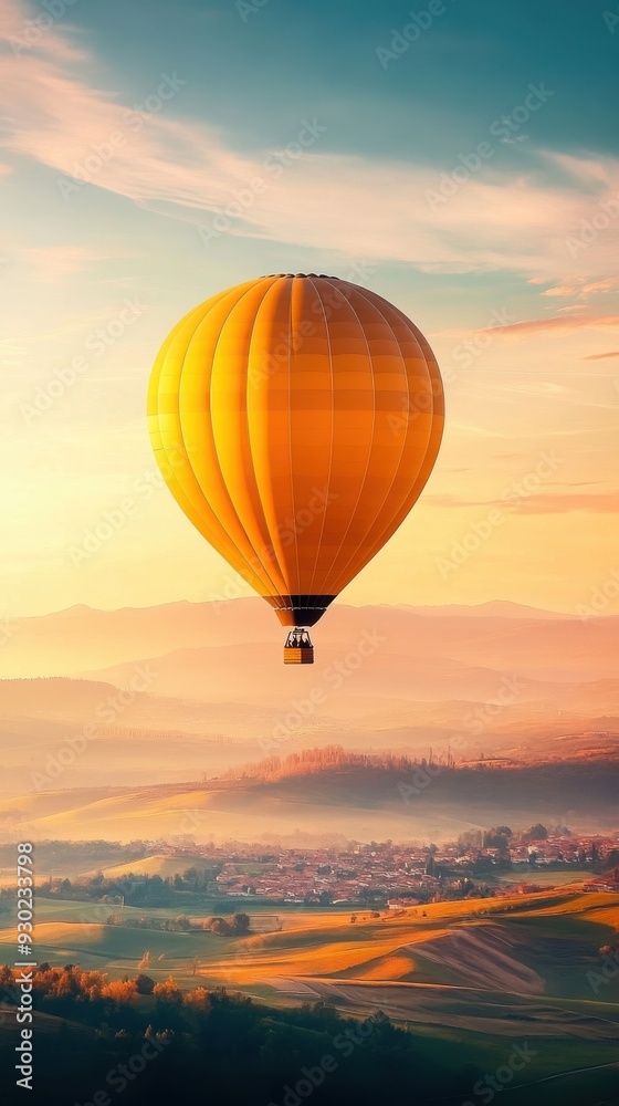 Fototapeta premium A travel vlogger capturing a sunrise from a hot air balloon, floating above a landscape of rolling hills and scattered villages, symbolizing the freedom and wonder of travel