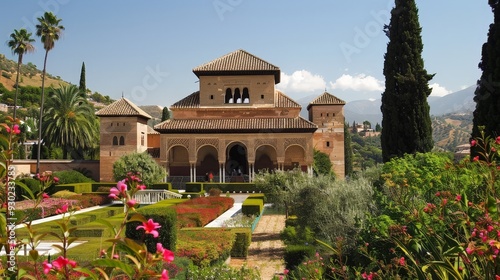 Generate an image of the Alhambra in Spain, highlighting its Moorish architectural elements, intricate tile work, and beautiful gardens.