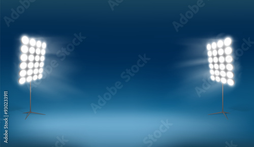 Glowing lighting equipment spotlights in the studio. Vector background