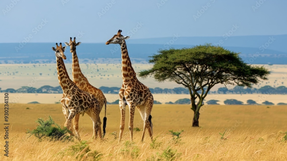 Obraz premium Giraffes tower over savannas, with long necks adapted for reaching leaves high in trees.