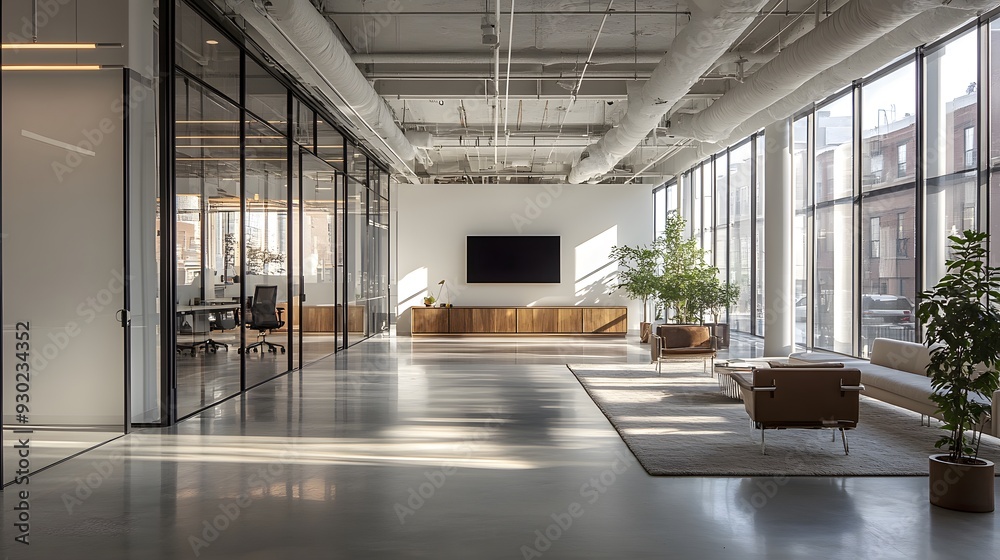 Modern bright office interior, open floor plan, glass partition walls, polished concrete floors, minimalist furniture, large windows, natural light flooding in, sleek TV on white wall. Modern bright office interior, open floor plan, glass partition walls, polished concrete floors, minimalist furniture, large windows, natural light flooding in, sleek TV on white wall.