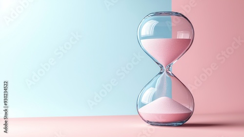 A glass hourglass with pink sand sits on a pink surface against a blue and pink background. photo