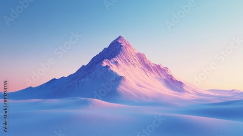 A mountain is covered in snow and is surrounded by a vast, empty landscape