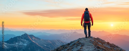A solo hiker stands on a mountain peak, overlooking a stunning sunrise and inspiring vast landscapes in nature's beauty.