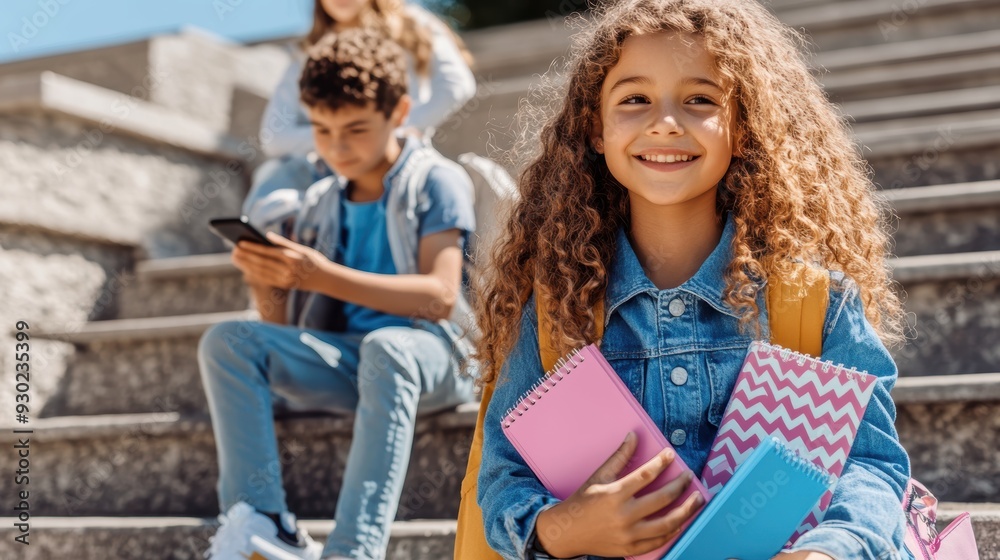 Fototapeta premium School-aged children outdoors, sitting on set of stone steps. Focus is on smiling girl with curly hair, in denim outfit with school supplies