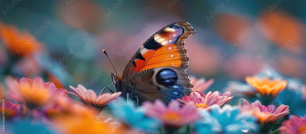 Butterfly on a bed of Colorful Flowers Butterfly on a bed of Colorful Flowers