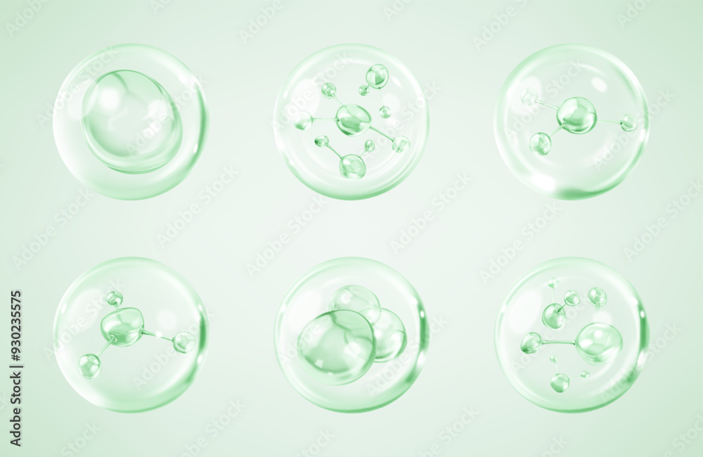 Molecules inside bubbles on green background. Collagen serum bubble. Cosmetic essence. Concept skin care cosmetics solution. Vector 3d illustration