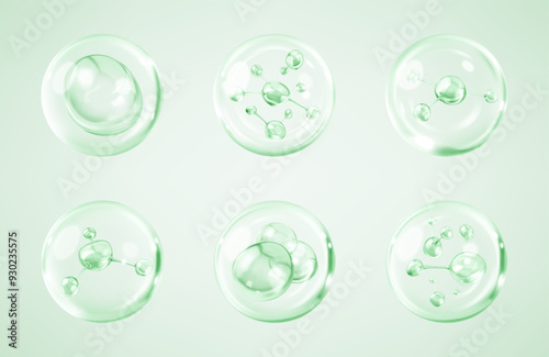 Molecules inside bubbles on green background. Collagen serum bubble. Cosmetic essence. Concept skin care cosmetics solution. Vector 3d illustration