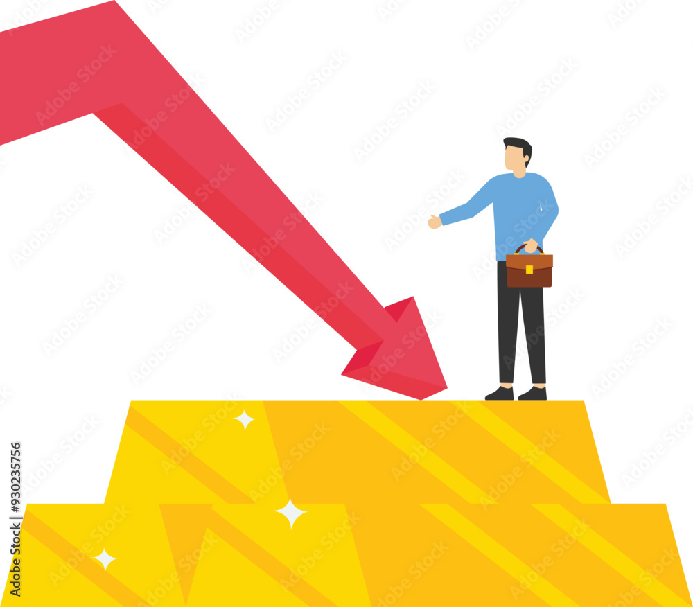 Fototapeta premium Gold price decrease in trading market investment. Gold bars stacks and red graph chart falling down. Flat vector illustration