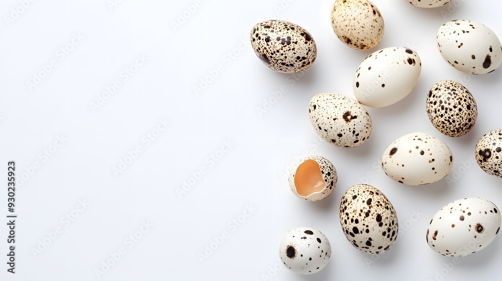 Quail eggs, speckled eggs, scattered arrangement, pure white background, copy space for text, flat lay photography, high resolution, soft lighting, minimalist composition, food photography. Quail eggs, speckled eggs, scattered arrangement, pure white background, copy space for text, flat lay photography, high resolution, soft lighting, minimalist composition, food photography.