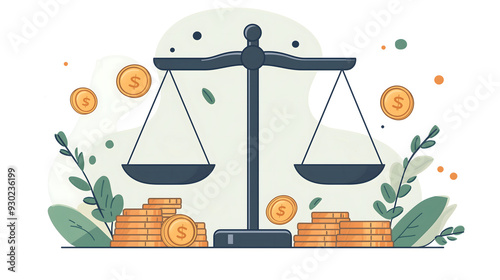 Illustration of a balance scale with coins and plants, representing financial balance, wealth management, and economic growth.
