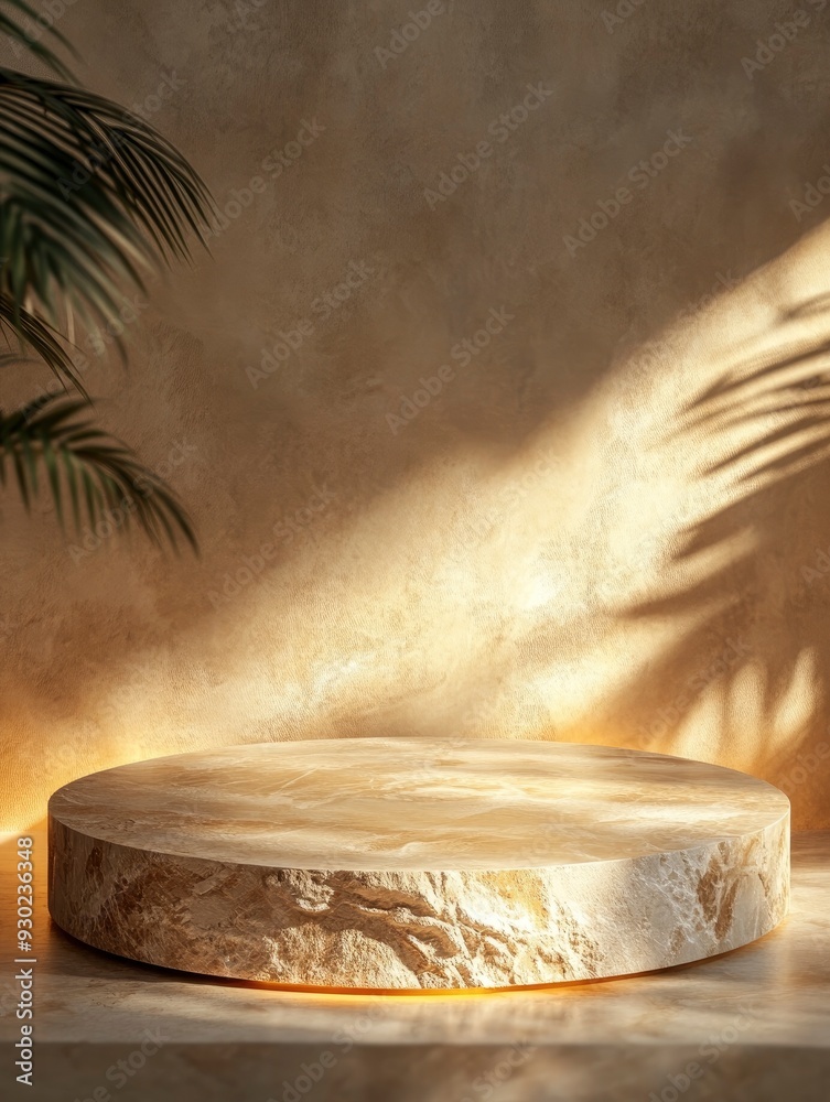 Fototapeta premium 3D rendering of a podium product on a textured stone surface, with warm golden lighting to create a welcoming atmosphere. copy space , ai
