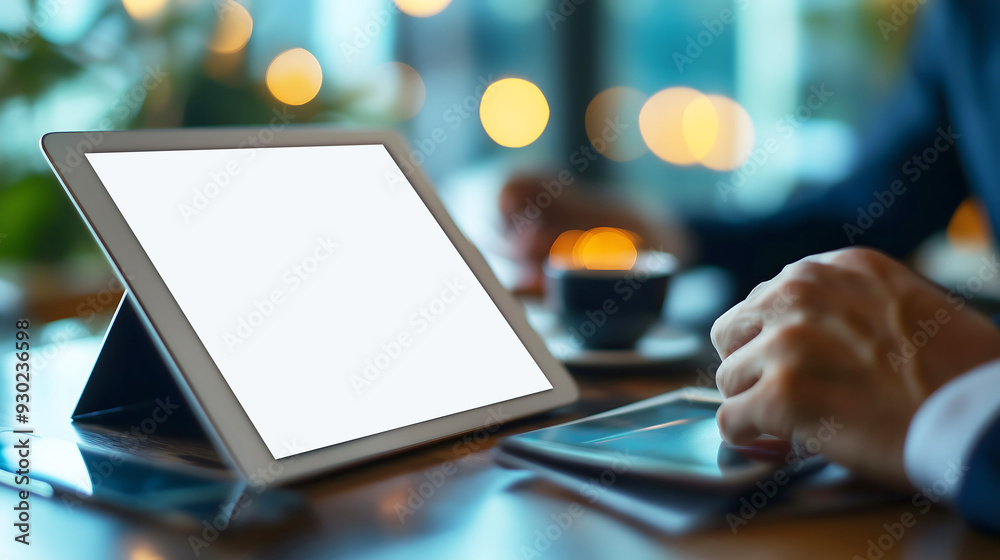 A close-up of a tablet with a blank screen in an evening office, with blurred lights and a person working in the background.
A close-up of a tablet with a blank screen in an evening office, with blurred lights and a person working in the background.