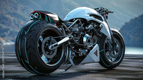 Futuristic motorcycle with blue lights on tire.