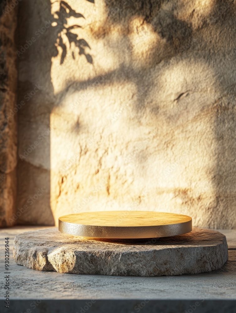 3D rendering of a podium product on a textured stone surface, with warm golden lighting to create a welcoming atmosphere. copy space, ai 3D rendering of a podium product on a textured stone surface, with warm golden lighting to create a welcoming atmosphere. copy space, ai