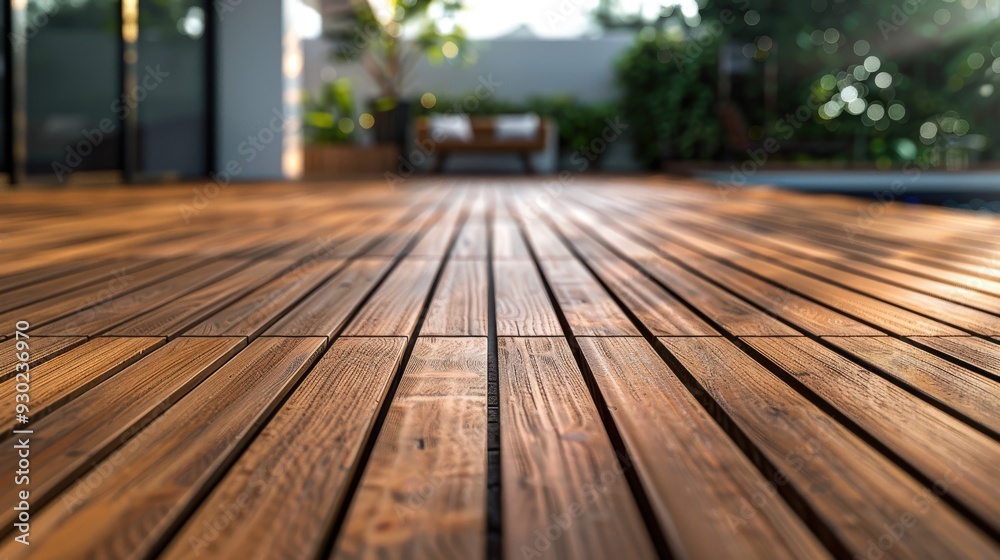 Sunlit wooden decking with lush greenery in the background Sunlit wooden decking with lush greenery in the background