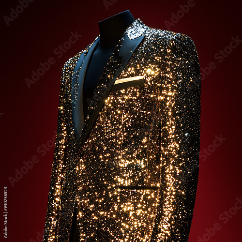 A black glittery jacket with a tailored fit. photo