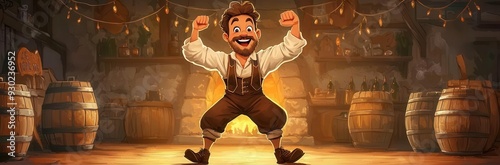 Bavarian man in lederhosen dancing, retro cartoon style, exaggerated movements, Oktoberfest backdrop with beer barrels, warm nostalgic colors, vintage charm