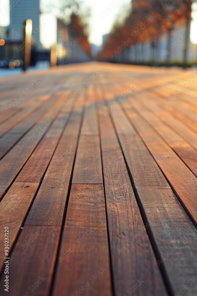 Wood decking pathway illuminated by sunset in an urban park Wood decking pathway illuminated by sunset in an urban park