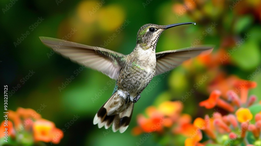 Fototapeta premium Hummingbirds hover with rapid wing beats, sipping nectar from colorful flowers with long beaks.