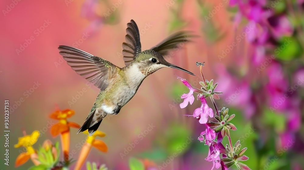 Fototapeta premium Hummingbirds hover with rapid wing beats, sipping nectar from colorful flowers with long beaks.