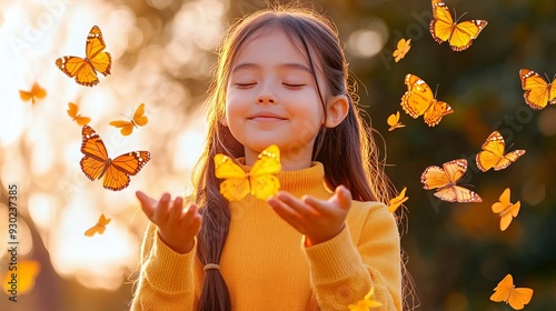A girl with a warm glow, smiling while playing with butterflies in a garden
