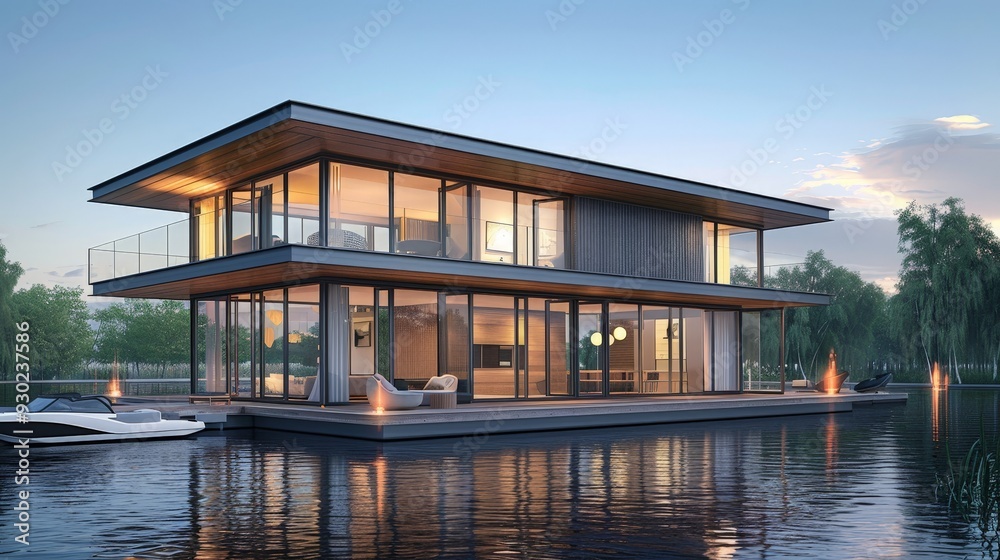 Illustrate a conceptual design for a floating house, focusing on its ...