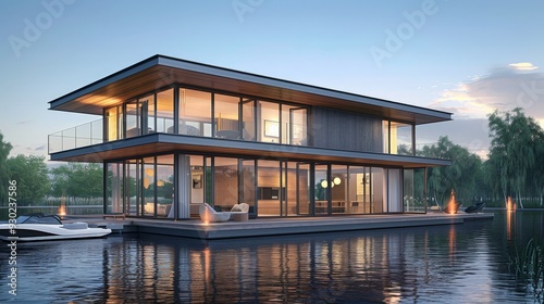 Illustrate a conceptual design for a floating house, focusing on its buoyant structure, large windows, and modern amenities.
