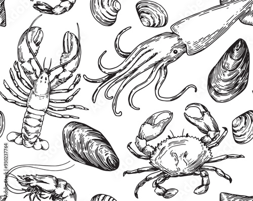 seamless pattern of sea animals and shells, illustration in sketch style. sea ​​food