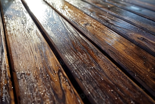 Wet wood decking glistening under afternoon sunlight