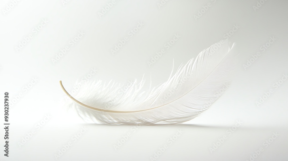 Obraz premium A single white feather on a white background. Delicate and soft.