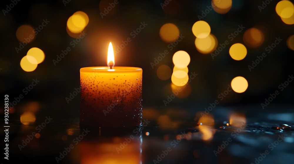 Single lit candle, candlelight, warm glow, bokeh background, golden lights, dark atmosphere, romantic mood, night setting, intimate lighting, depth of field, festive ambiance.