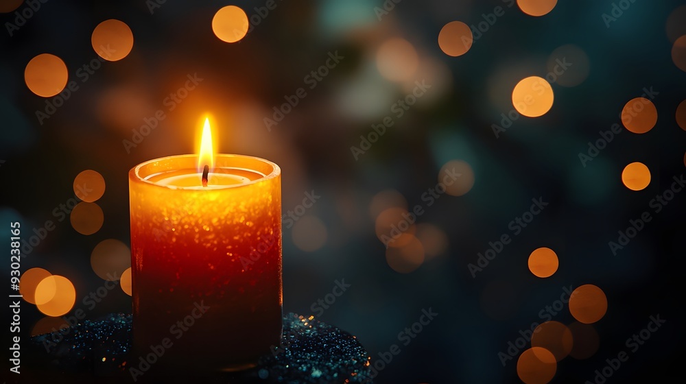 Single lit candle, candlelight, warm glow, bokeh background, golden lights, dark atmosphere, romantic mood, night setting, intimate lighting, depth of field, festive ambiance. Single lit candle, candlelight, warm glow, bokeh background, golden lights, dark atmosphere, romantic mood, night setting, intimate lighting, depth of field, festive ambiance.