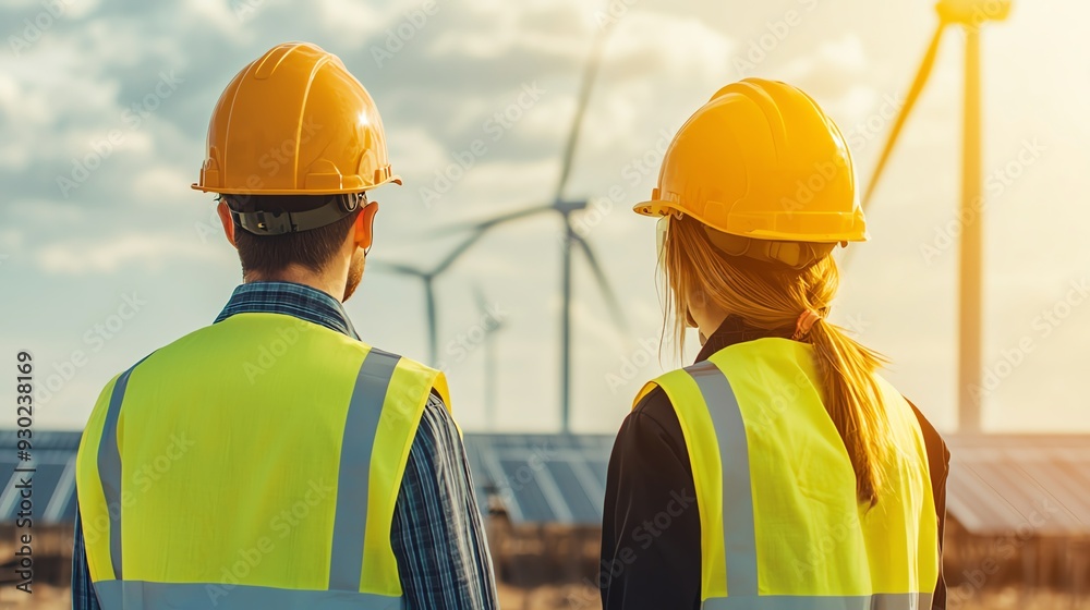 Professionals observe wind turbines during sunset, symbolizing renewable energy and sustainable development in the modern landscape. Professionals observe wind turbines during sunset, symbolizing renewable energy and sustainable development in the modern landscape.