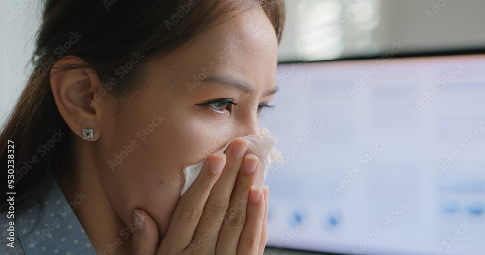Asia people young lady remote workforce work on leave day got bad cold flu covid cough blow running nose on tissue paper sit on desk at home office. Tired unwell female freelance staff stress pain. Asia people young lady remote workforce work on leave day got bad cold flu covid cough blow running nose on tissue paper sit on desk at home office. Tired unwell female freelance staff stress pain.